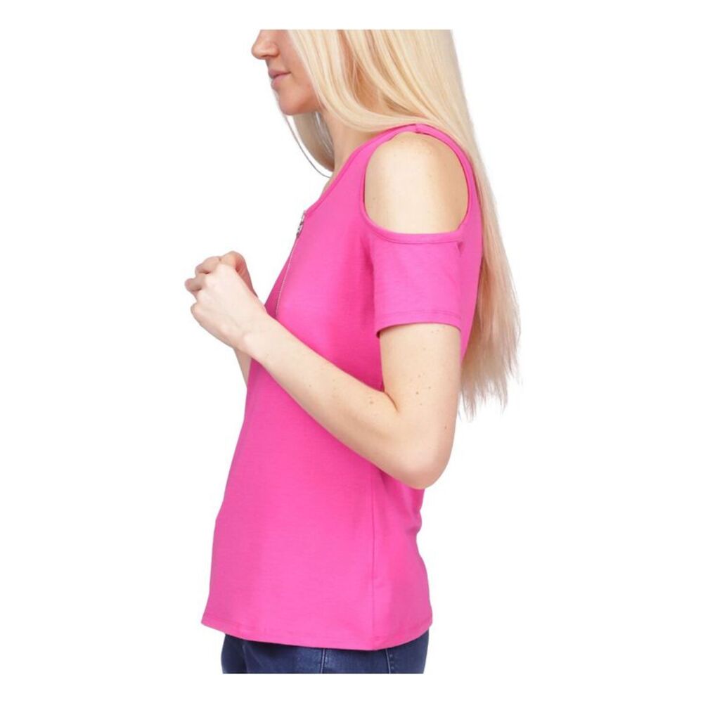 MICHAEL MICHAEL KORS Womens Pink Logo Hardware Short Sleeve Round Neck Top XS - Picture 3 of 5
